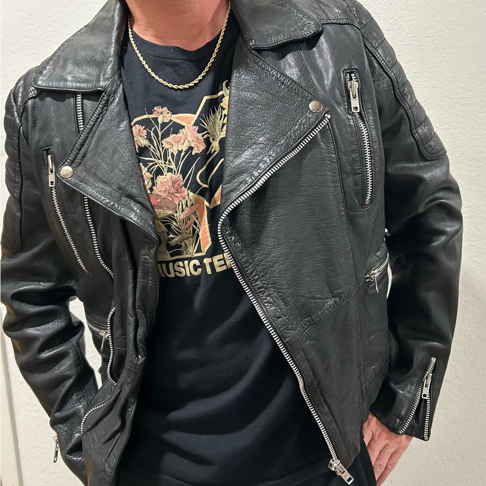 TopMan Genuine Leather Black Moto Zipper Film Jacket Coat